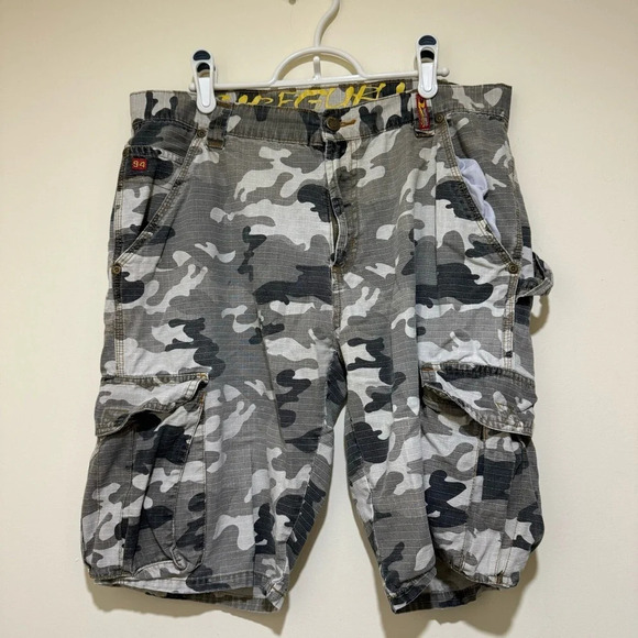 Men’s Y2K Surf Guru Brans Camo  Print Baggy Carpenter Style Denim Shorts Size 34 - Picture 4 of 16